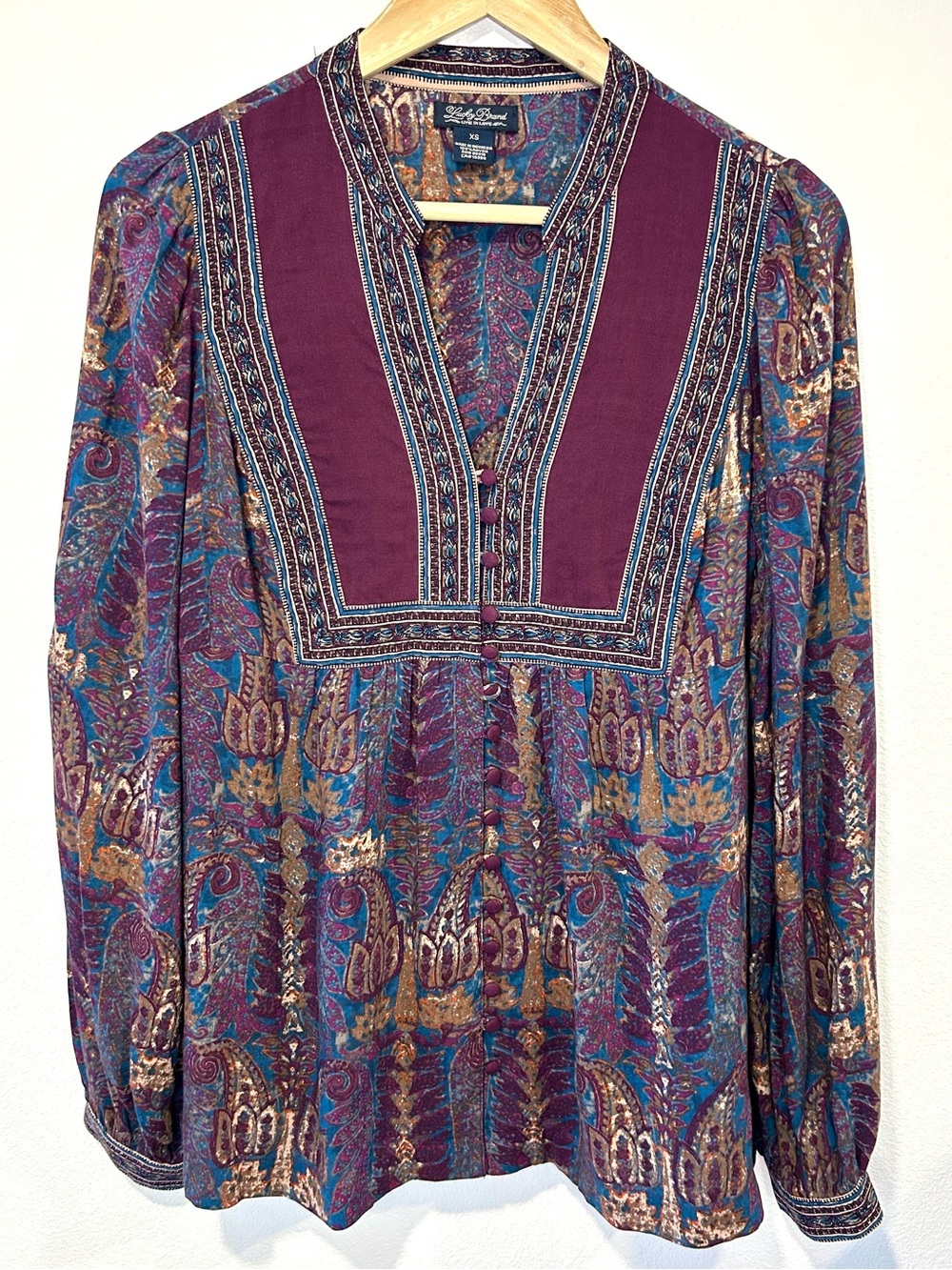 Lucky Brand Purple Boho Tribal Floral Long Sleeve Peasant Top Casual Hippie XS